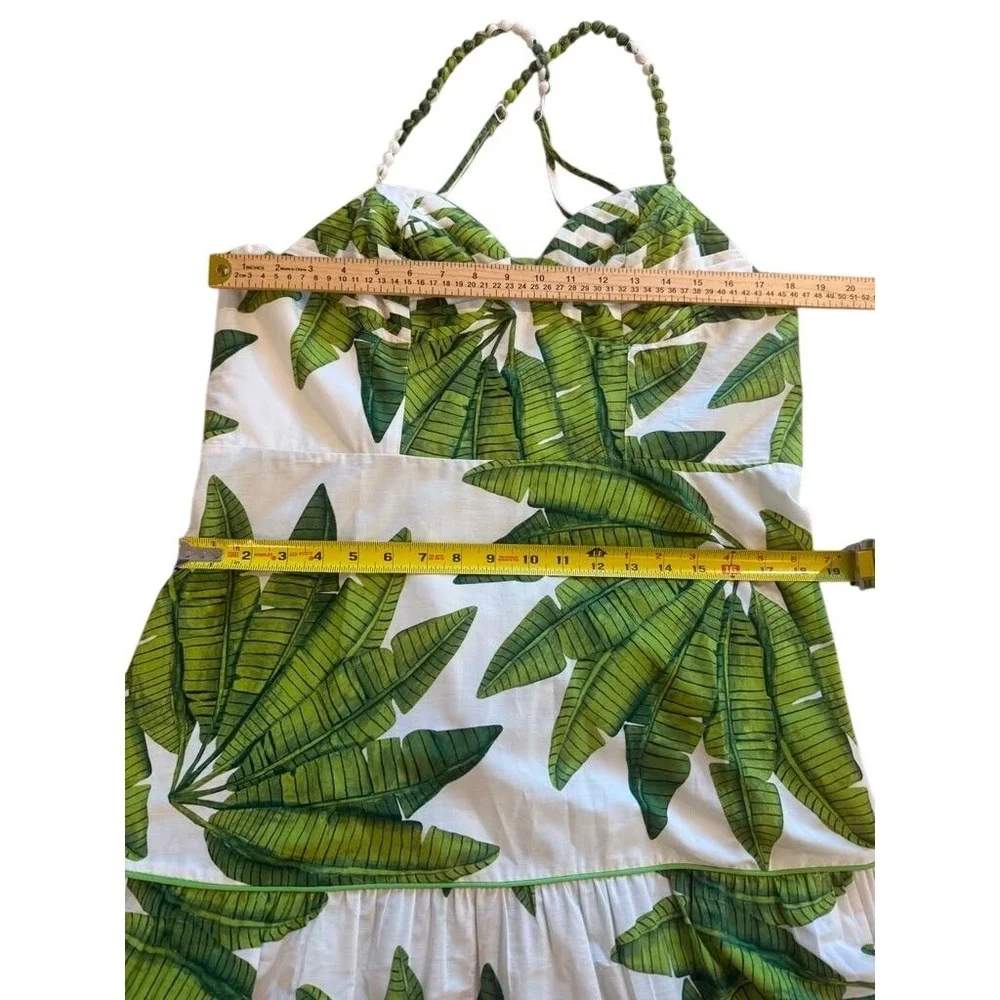 Farm Rio Green Banana Leaf Tiered Midi Dress XL Tropical Beaded Straps Scalloped - Picture 7 of 10